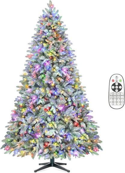 9FT Rotating Christmas Tree with Remote, Pre-Lit Artificial Green PE & PVC Xmas Tree, Multicolor