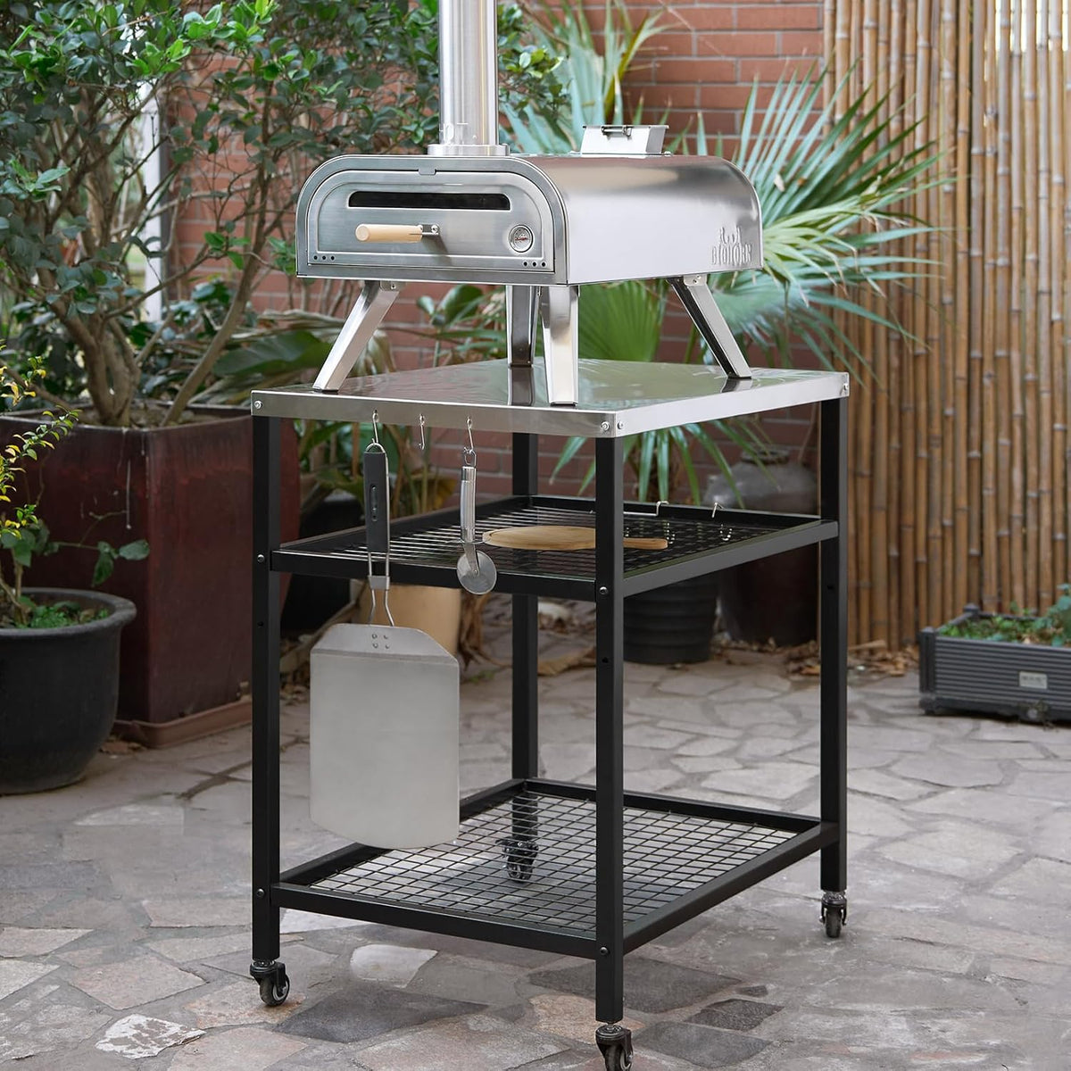 Stainless Steel Outdoor Grill Cart Pizza Oven Stand Trolley Table with Wheels Three-Shelf Movable