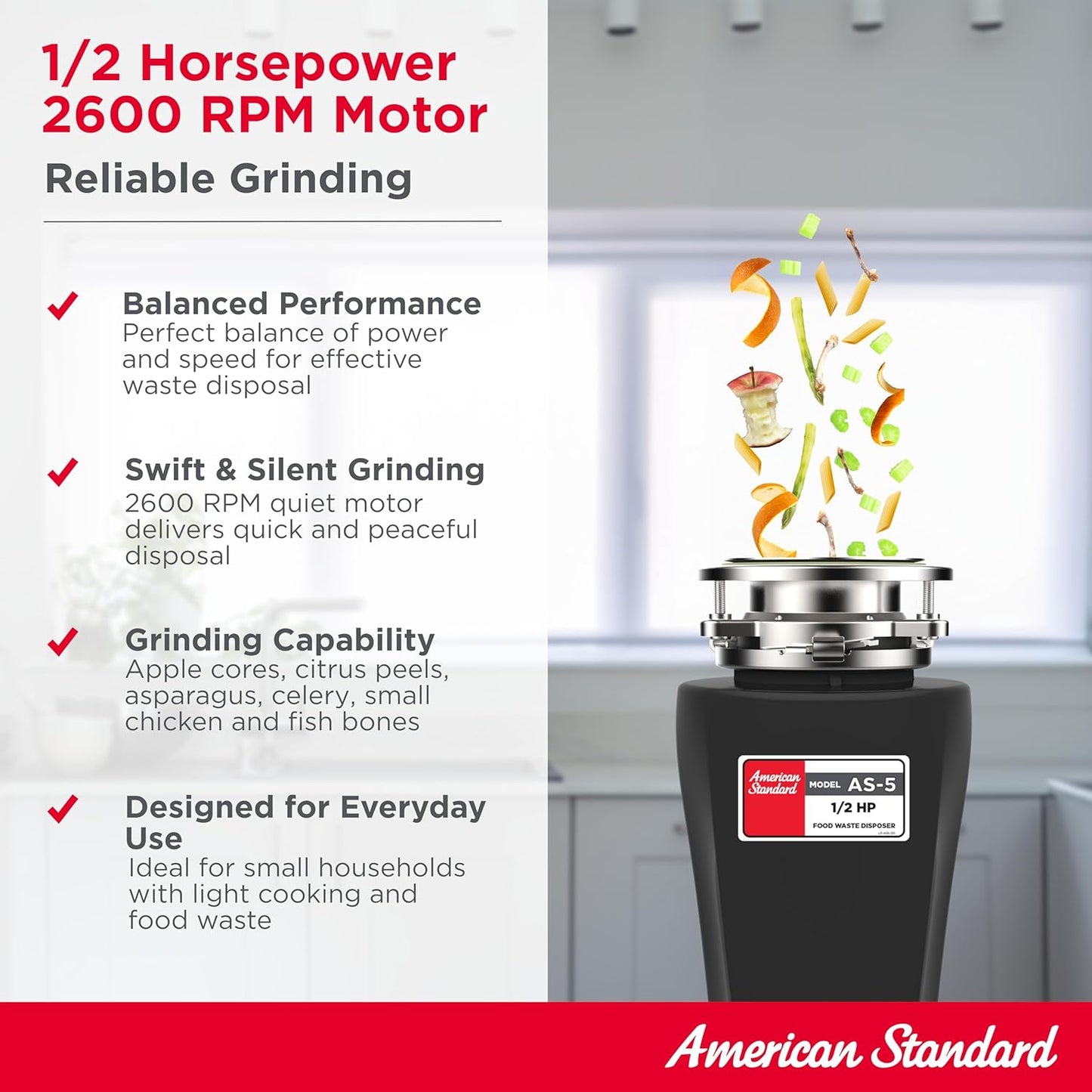 American Standard 10-US-AS-5 Garbage Disposal Anti-Jam Stainless Steel Food Waste Grinding System