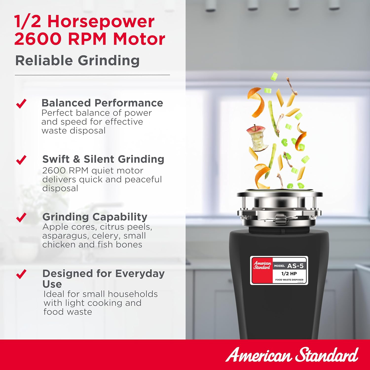 American Standard 10-US-AS-5 Garbage Disposal Anti-Jam Stainless Steel Food Waste Grinding System