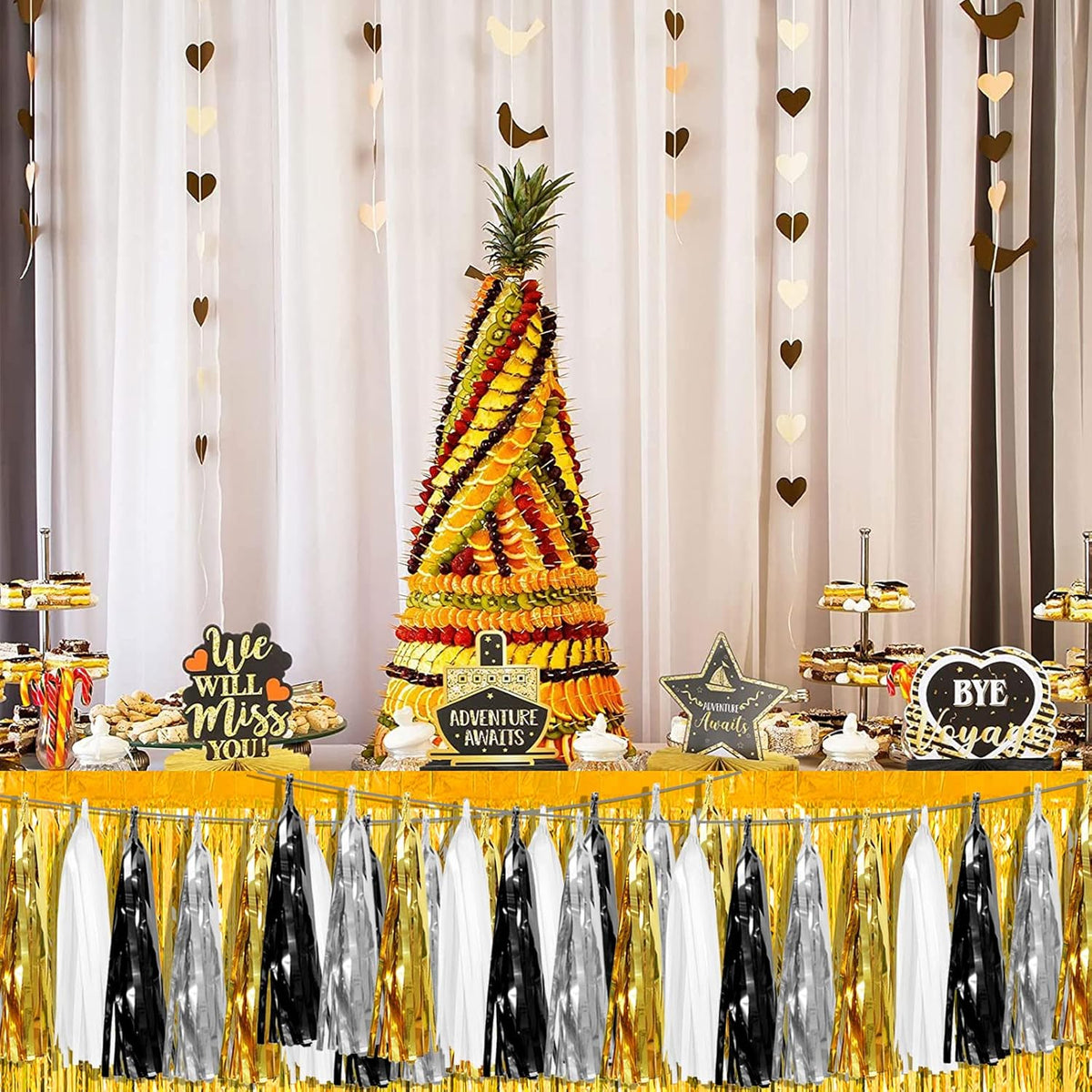 4P Navy-Blue White-Gold Foil Fringe Metallic Tassel-Garland, Tassels Banner Streamers for Parade