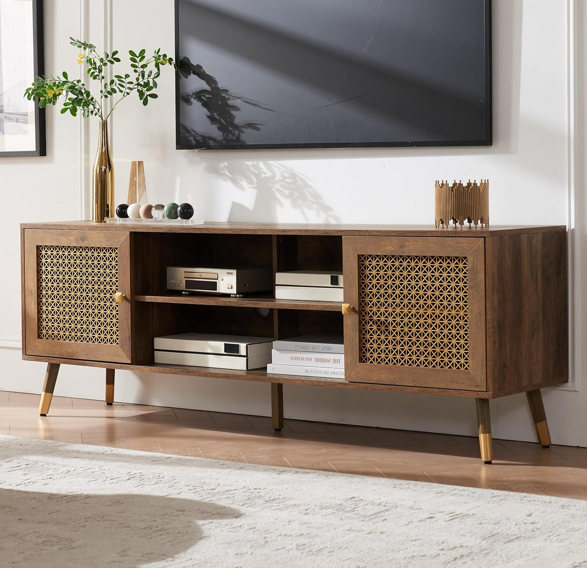 JYED Mid Century Modern TV Stand and Console for TVs Up to 75 inch - Rustic Oak Entertainment