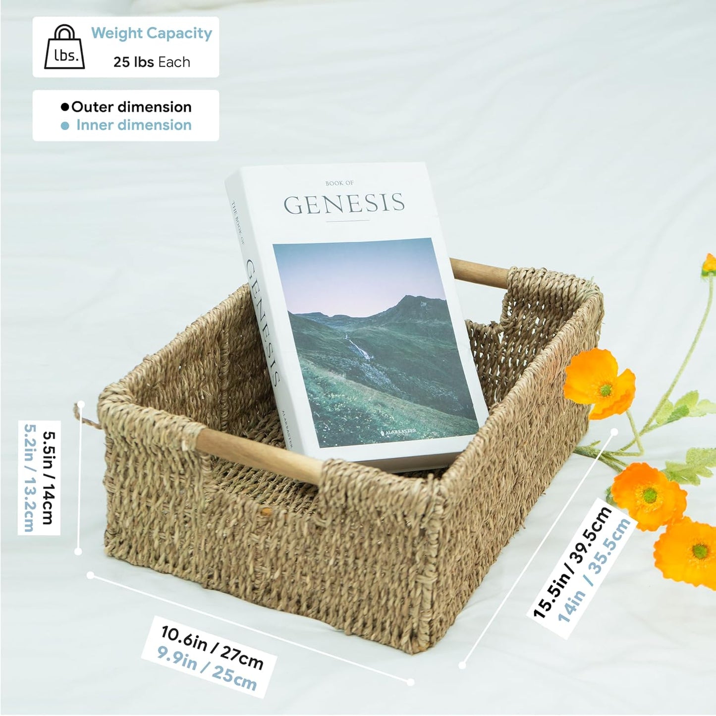 Large Natural Wicker Basket Rectangular with Wooden Handles, Seagrass Storage for Organizing