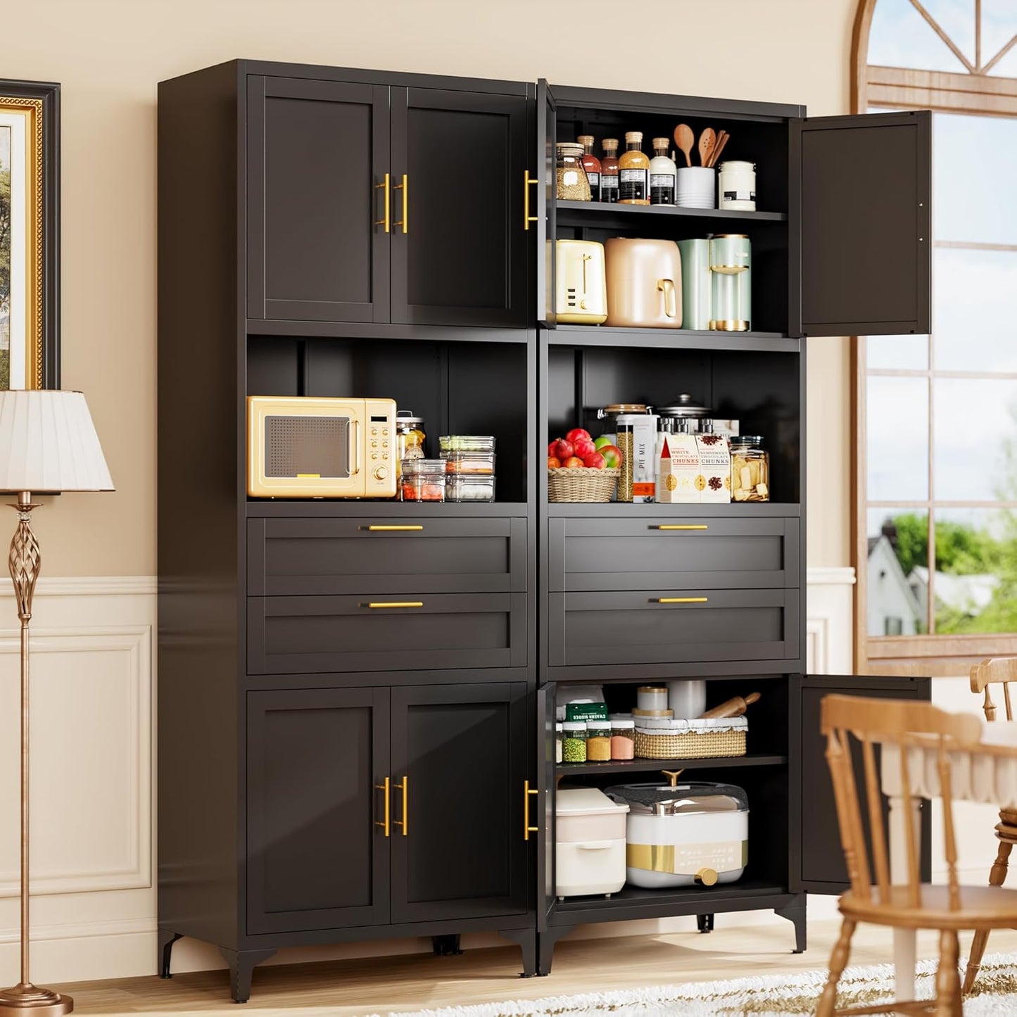 75” Tall Kitchen Pantry Storage Cabinet, Metal Storage Cabinet with 2 Drawers and Adjustable