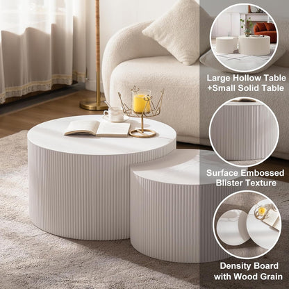 Nesting Coffee Table Set of 2 Modern Handcraft Fluted Coffee and End Table Sets Wooden Drum Small
