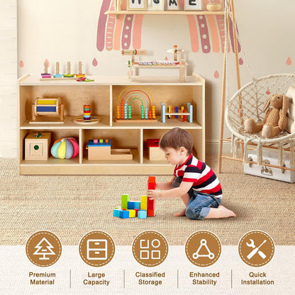 wingyz Wooden Storage Cabinet, 5-Section Montessori Bookshelf, Kids Toy Storage Organizer Book