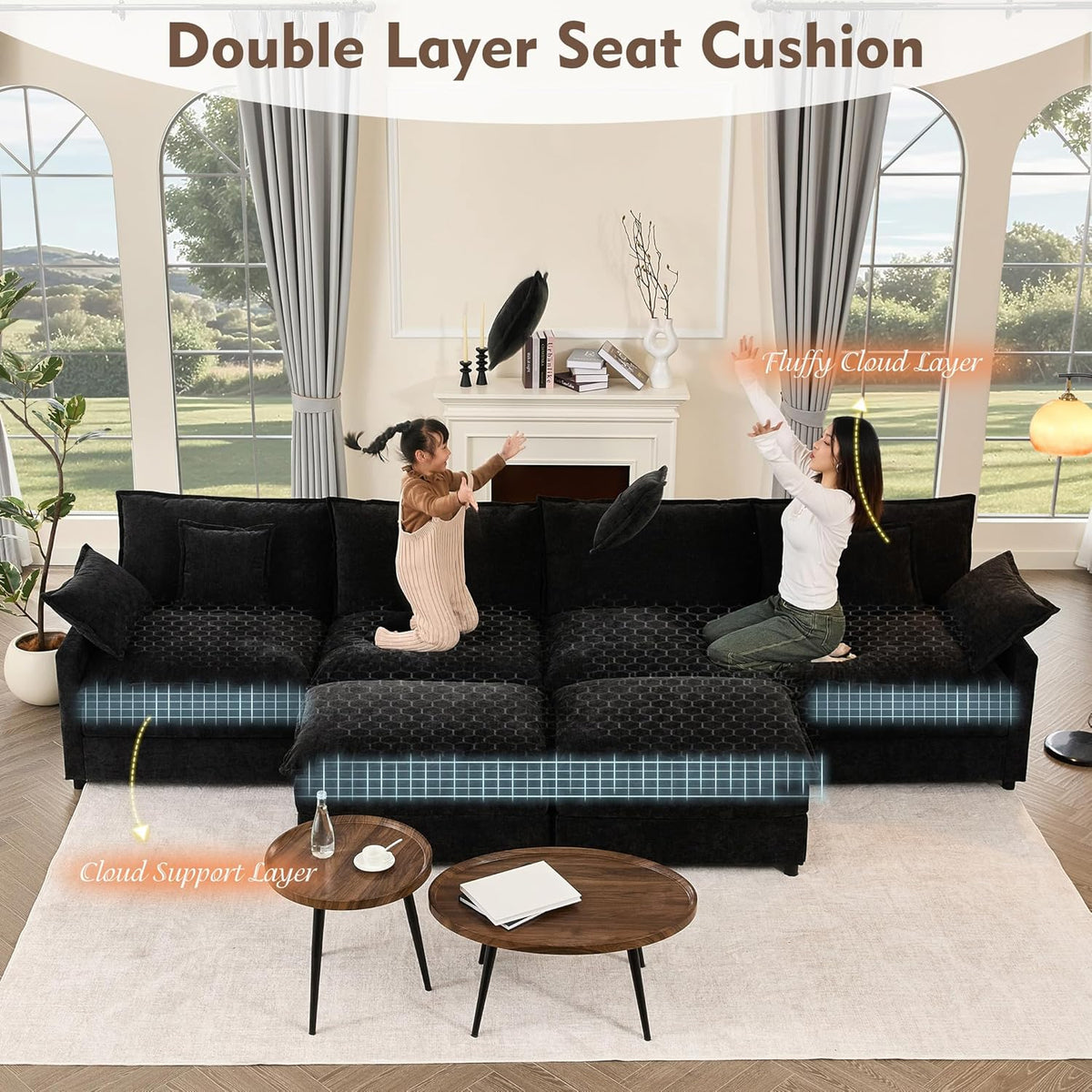142.5" U Shaped Couch, Modular Sectional Sofa, 3-Seater Comfy Cloud Couch with Movable Ottoman