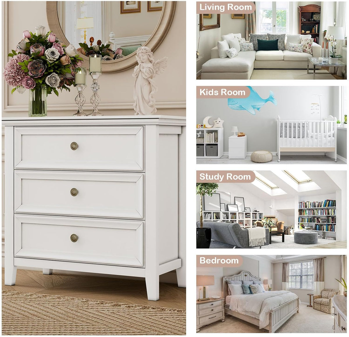 BLANKSPACE White Dresser, 3 Chest Drawer Dresser for Bedroom, Large Capacity Nightstand, Modern