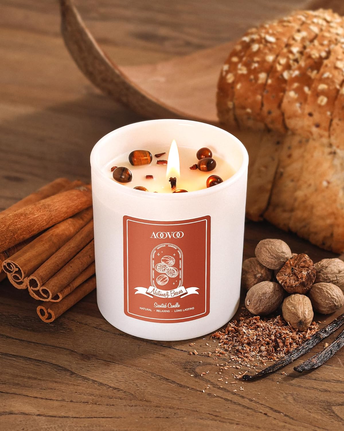 AOOVOO Nutmeg Beans Scented Candles for Women - Aromatherapy Candle with Crystals Inside, 10oz Soy