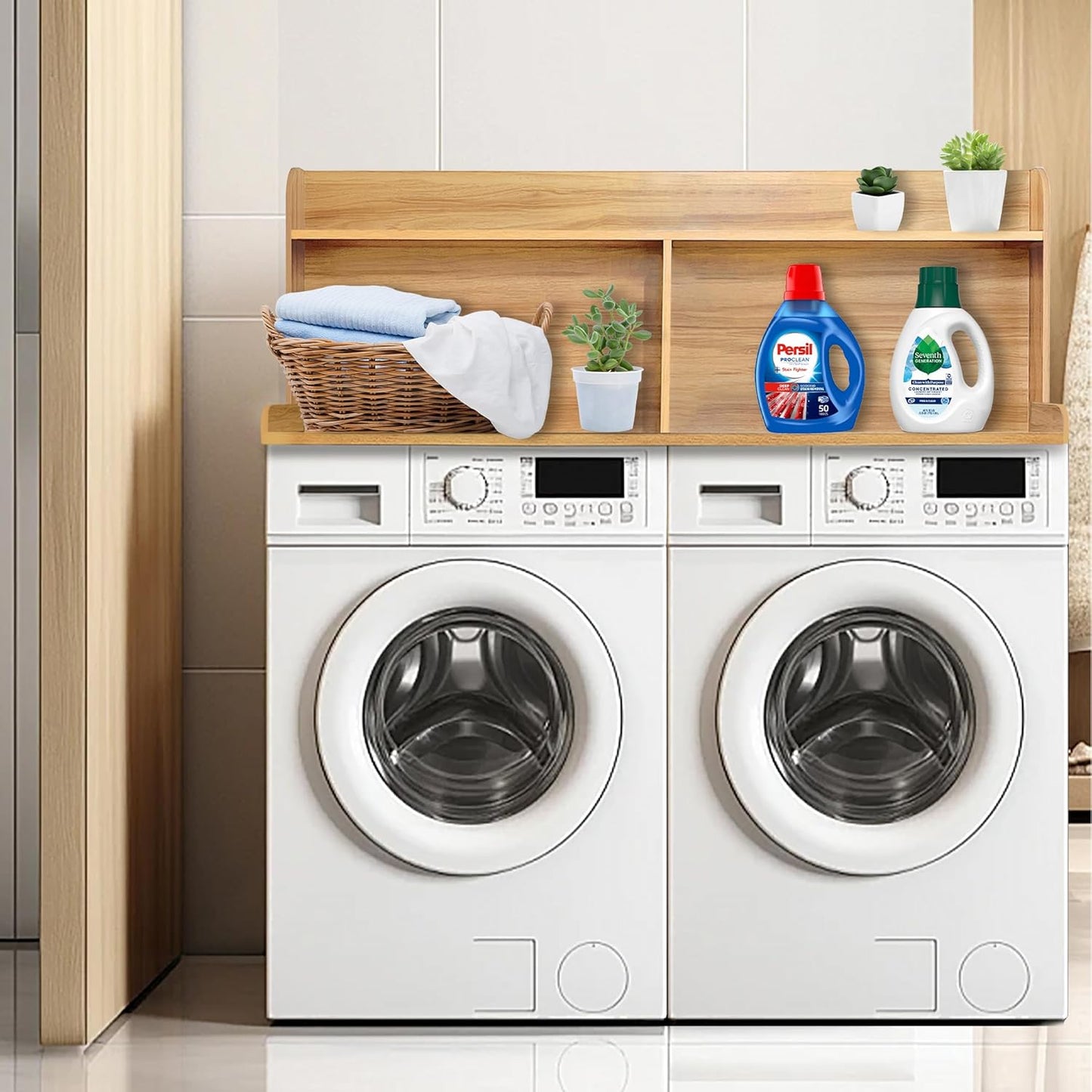 Royxen 2-Tier Washer Dryer Countertop,19.5" H Wood Washer Dryer Topper with Storage Shelf,Laundry