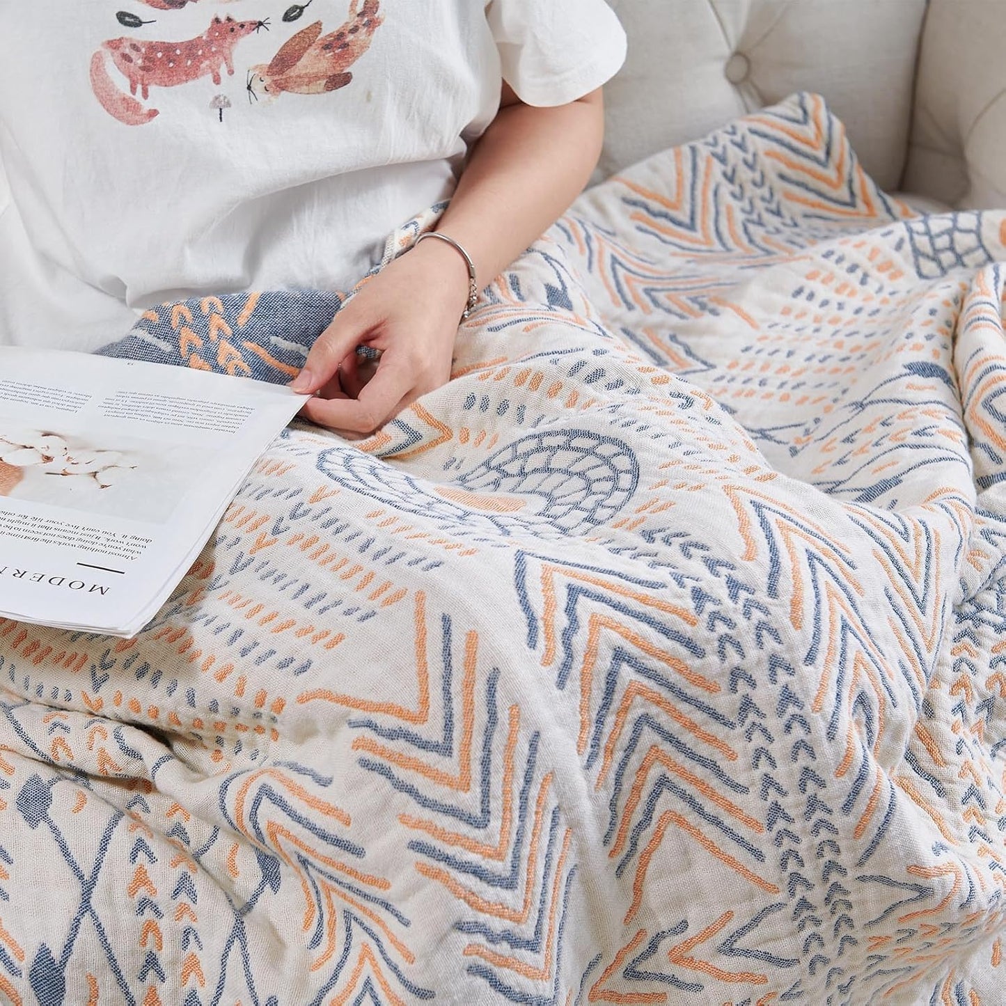 jinchan Boho 100% Cotton Muslin Twin Size 60x80 Throw Blanket Lightweight 4-Layer Orange Reversible