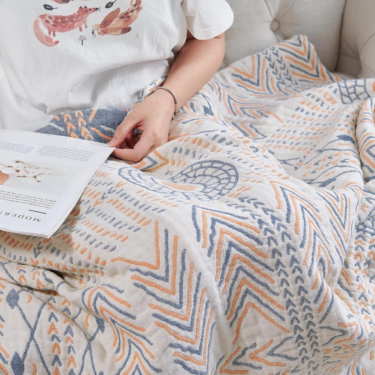 jinchan Boho 100% Cotton Muslin Twin Size 60x80 Throw Blanket Lightweight 4-Layer Orange Reversible
