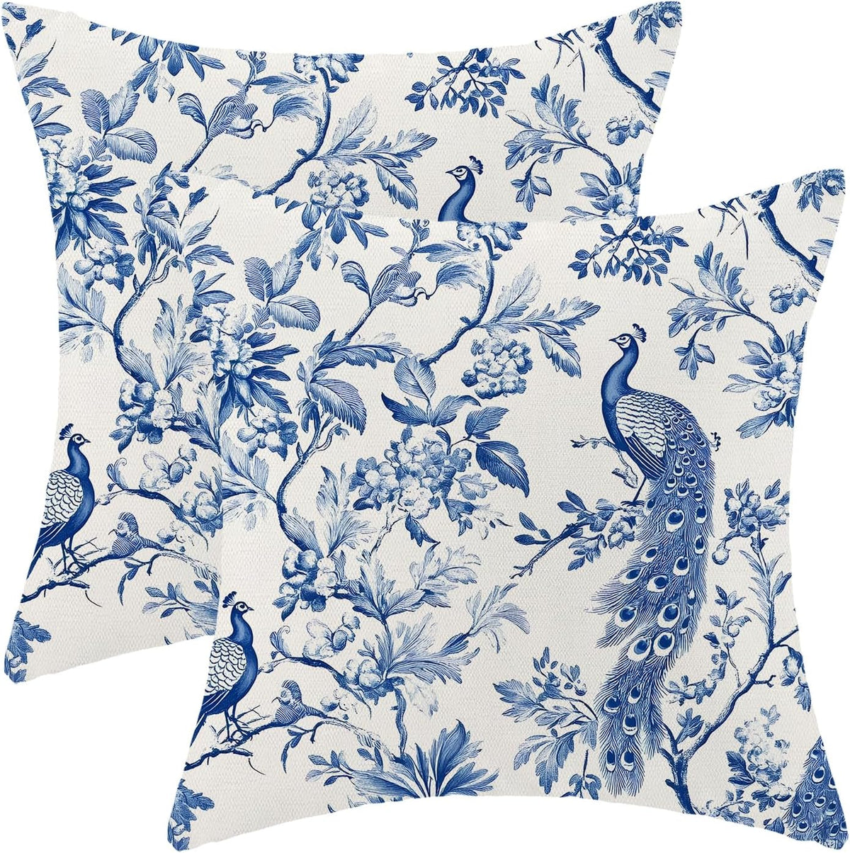 Navy Blue Spring Floral Pillow Covers 18 x 18 Inch Set of 2 for Chinoiserie Flowers Bird Decor