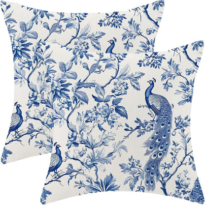 Navy Blue Spring Floral Pillow Covers 18 x 18 Inch Set of 2 for Chinoiserie Flowers Bird Decor