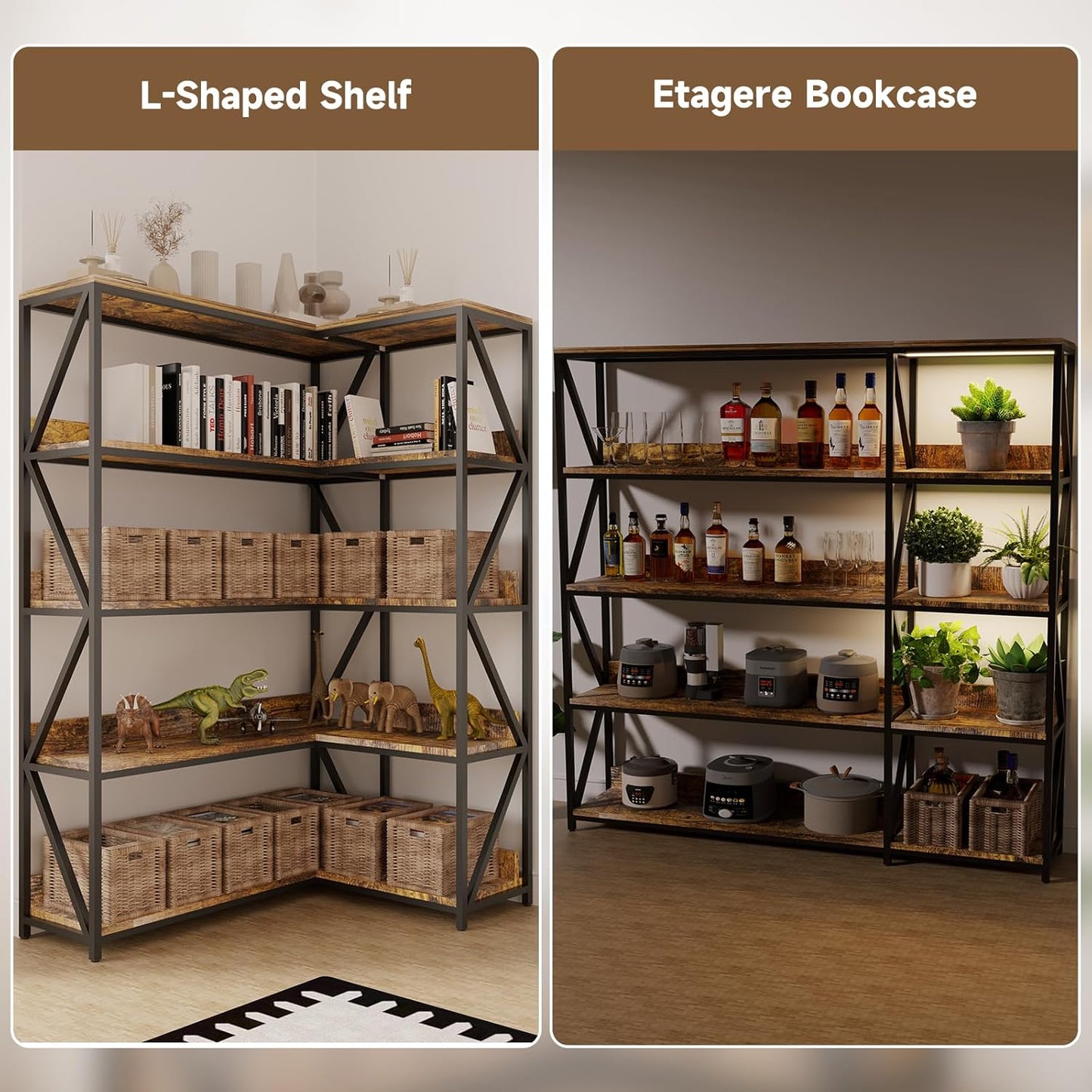 Large Farmhouse Style 5 Tiers Corner Bookshelf with Grow Light, Extra Wide Plant Stand & Bookcase