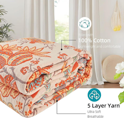 Boho Throw Blanket for Bed - 100% Pure Cotton Ultra Soft Rustic Quilt - Farmhouse Decor Bed