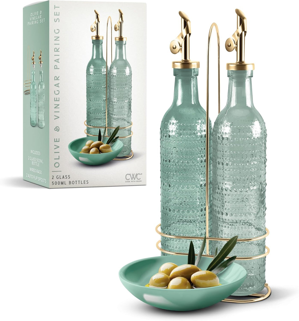 COOK WITH COLOR Glass Olive Oil Bottle Dispenser - 2 Pack- 17oz Oil and Vinegar Cruet - Olive Oil