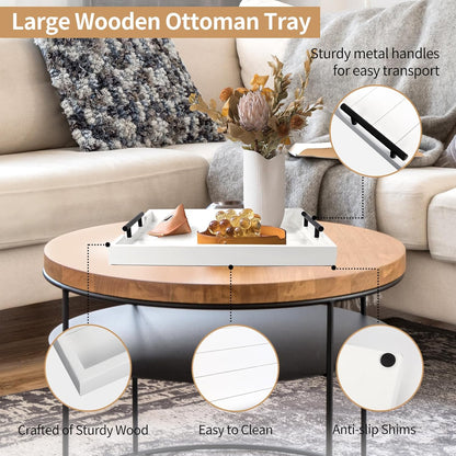 Coffee Table Tray - Large Ottoman Tray for Living Room - Wood Serving Tray with Handles(2 Sets)