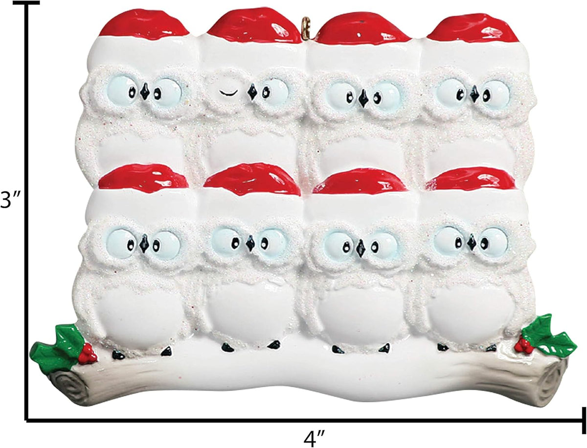3D Owl Family of 8 Christmas Ornament 2025 Personalized Family Christmas Ornaments 2025 | White
