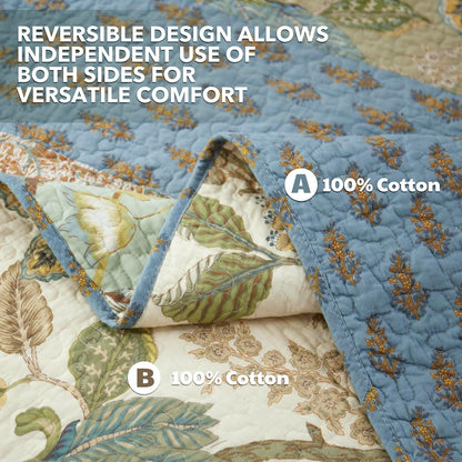 NEWLAKE Quilt Set California King Size, 100% Cotton Patchwork Green Bohemian Quilt Sets, Reversible