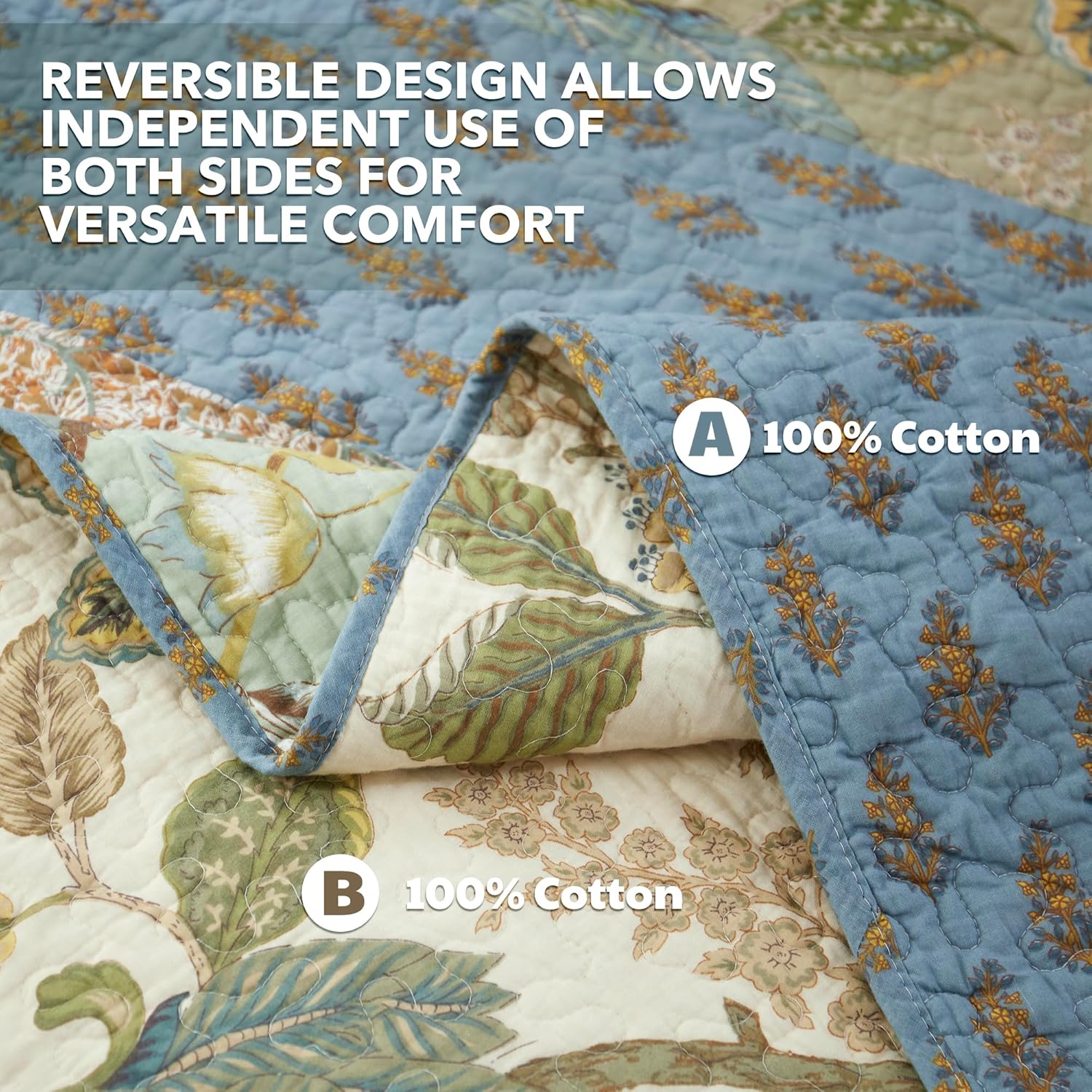 NEWLAKE Quilt Set King Size, 100% Cotton Patchwork Green Bohemian Quilt Sets, Reversible Bedspread