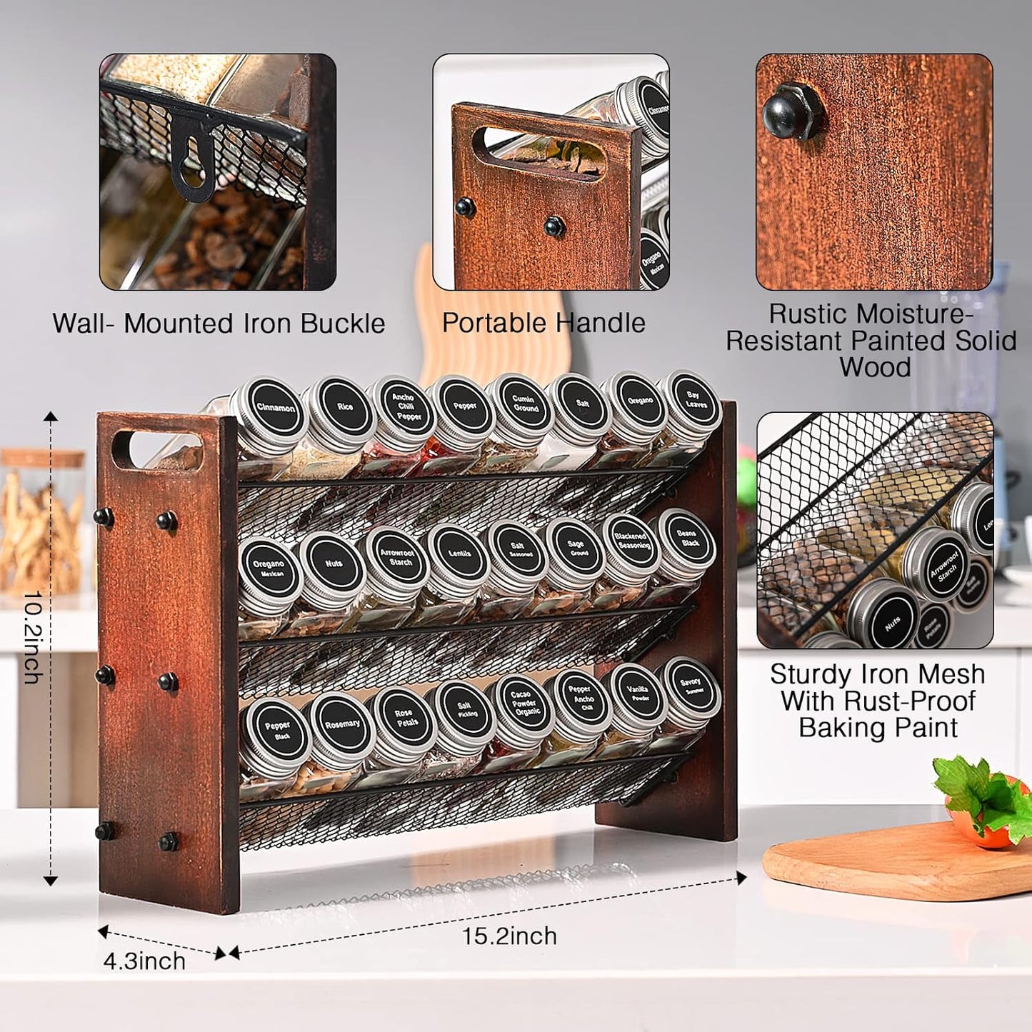 Spice Rack, Spice Rack Organizer without Seasoning Jars, Wooden Rustic 3 Tier Kitchen Spice
