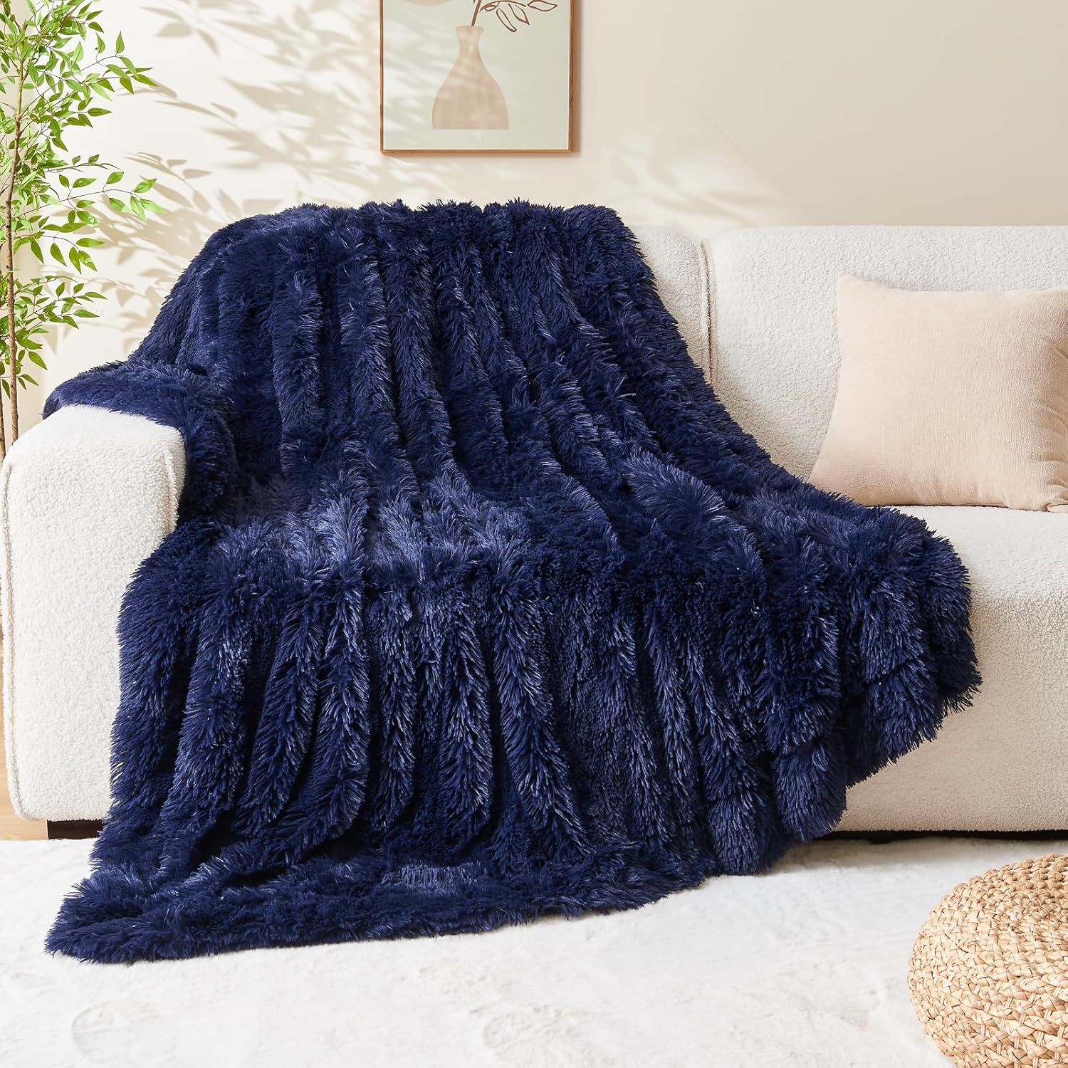 GONAAP Fuzzy Faux Fur Throw Blanket Twin Size Dark Navy Super Soft Cozy Plush Fuzzy Shaggy Blanket