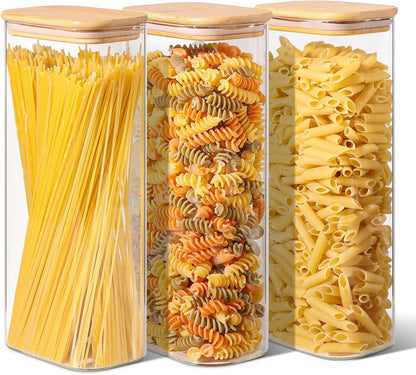 ComSaf 2.2 Qt Rectangle Glass Storage Containers with Lids, Glass Jars with Bamboo Lids, Clear Food