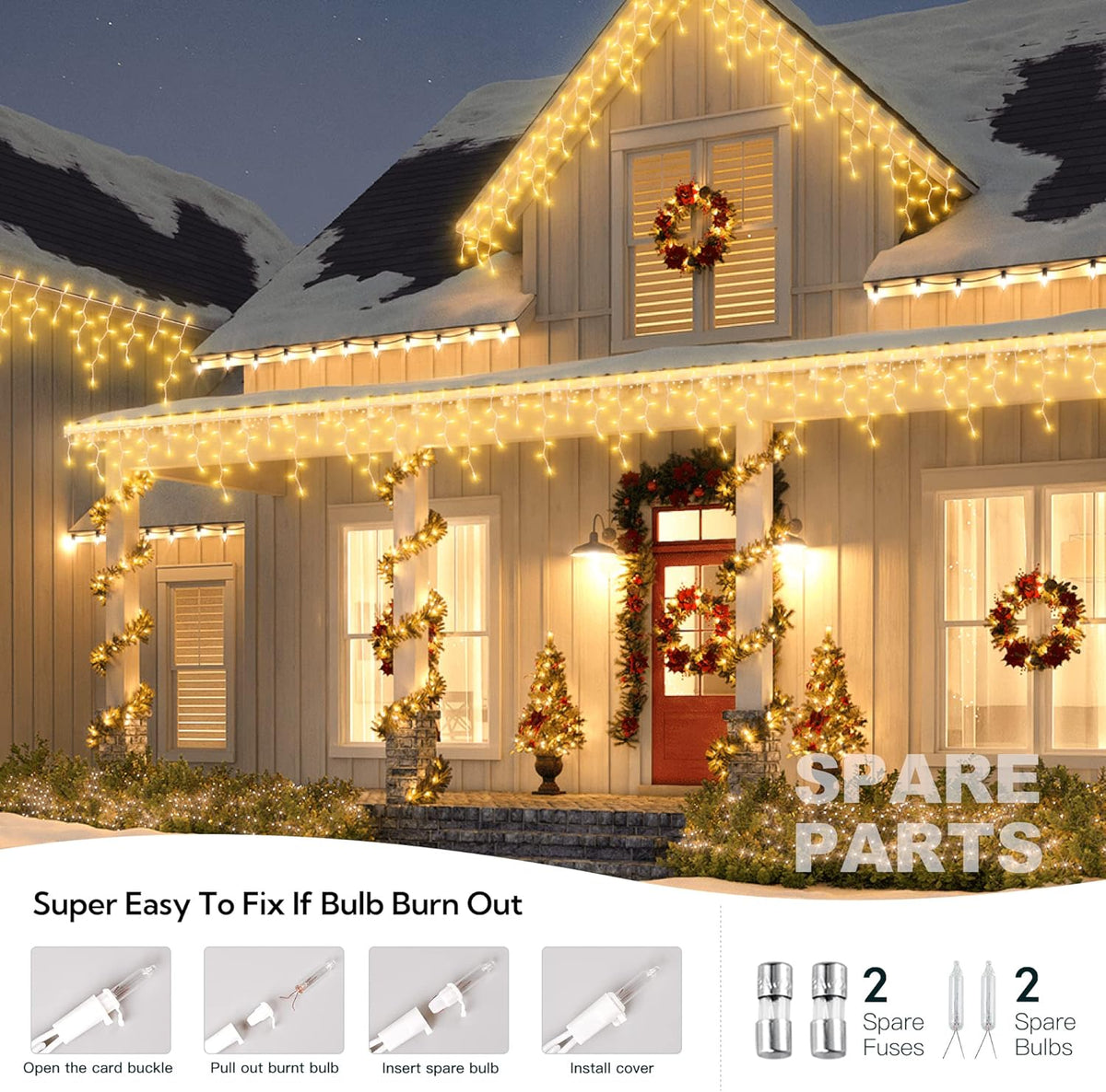 200 Christmas Icicle Lights, Warm White Clear Bulbs with 23FT Long White Wire, Professional Grade