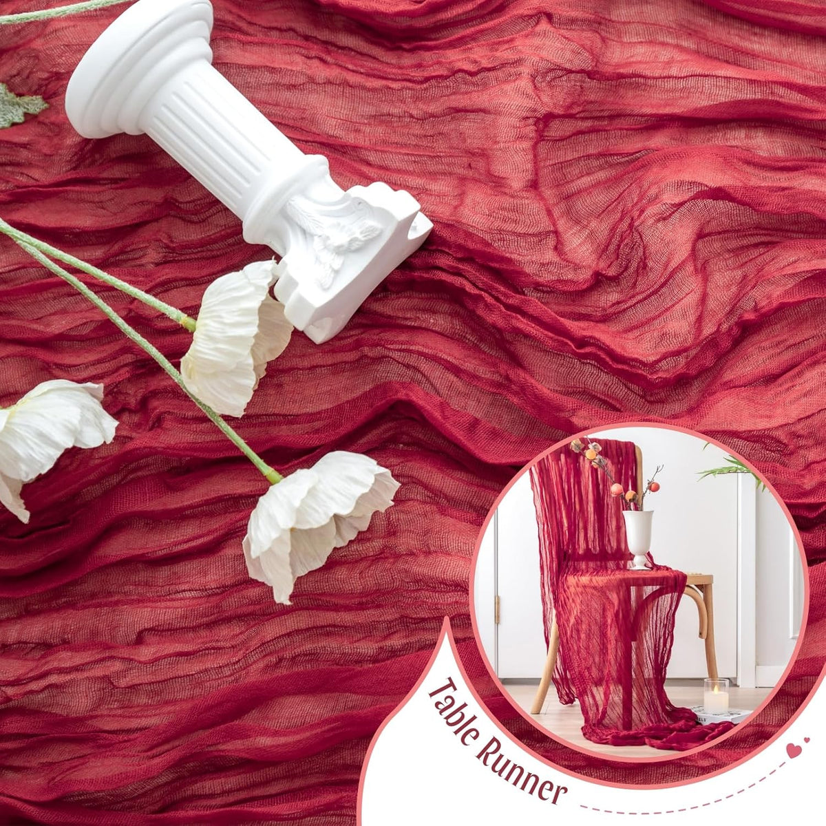 Sioloc Burgundy Red Cheesecloth Table Runner Fall Autumn Decor for Home 10ft Table Cloth for