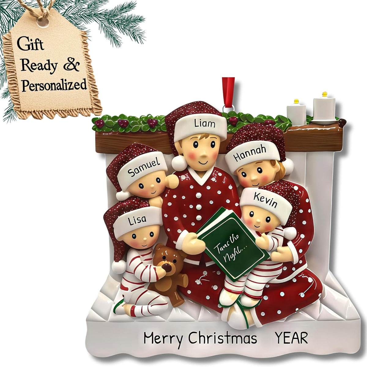 Bedtime Storytelling Family of 5 Christmas Ornament 2025 Personalized Family Christmas Ornaments