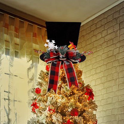 yofit Christmas Tree Topper Hat, Black Velvet Hat with Red Buffalo Plaid Bow Red Berry Snowflake