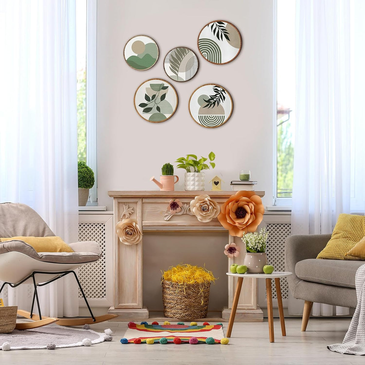 Qunclay 5 Pcs Wall Art Decor Wooden Living Room Wall Decor Bohemian Hanging Farmhouse Geometric