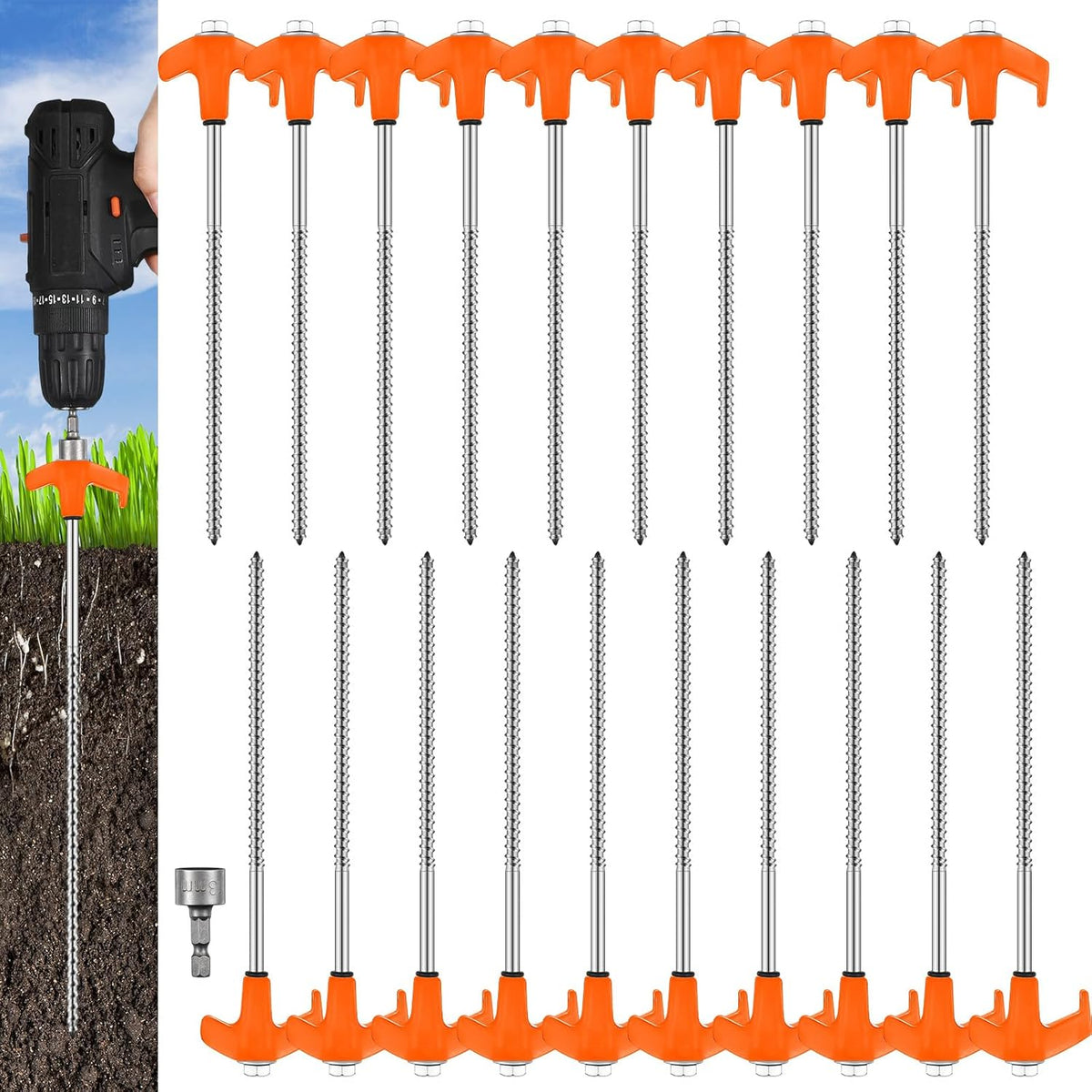 Hicarer 20 Pcs 20 Pcs 8'' Screw in Tent Stakes Heavy Duty Ground Metal Stakes for Inflatables with