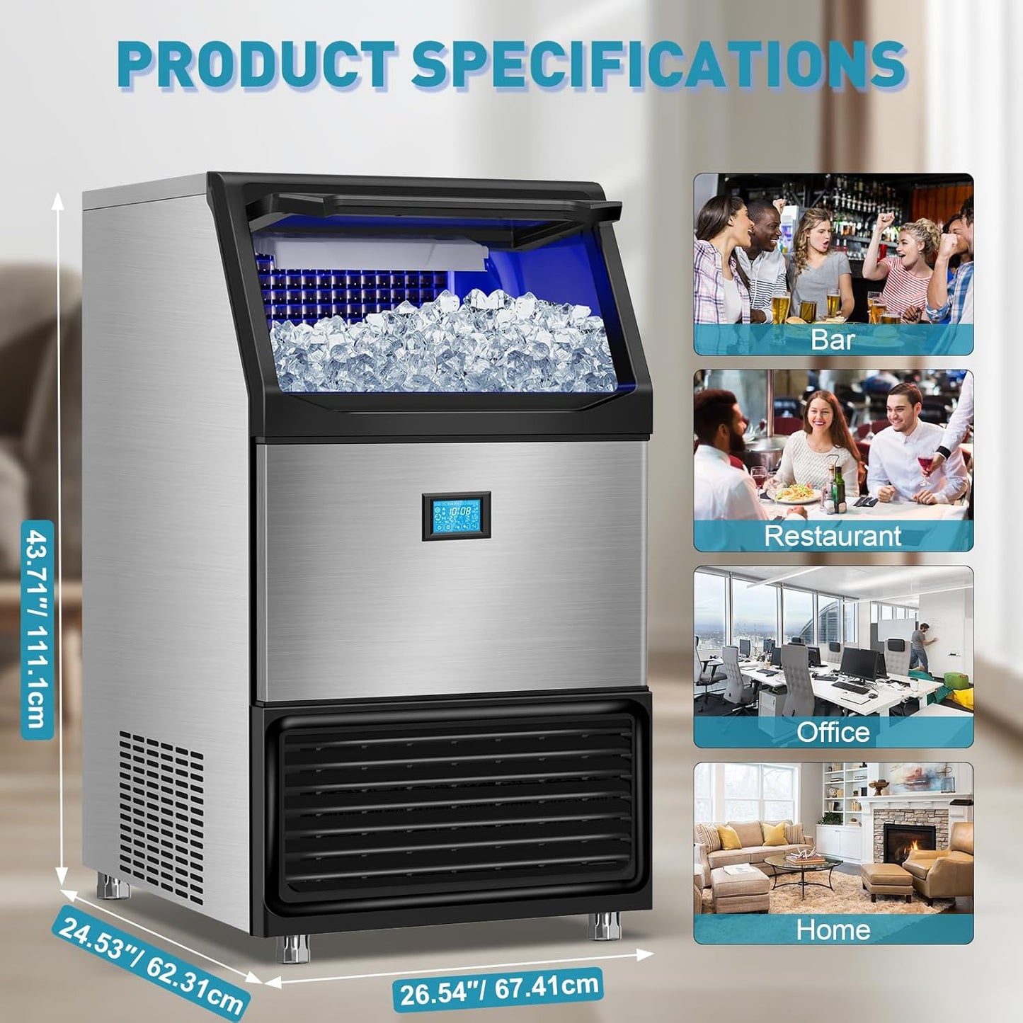 Commercial Ice Maker Machine 550LBS/24H with 185LBS Large Ice Storage Bin, 162Pcs Clear Ice Cubes