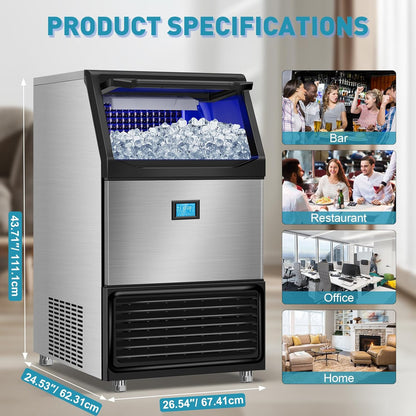 Commercial Ice Maker Machine 550LBS/24H with 185LBS Large Ice Storage Bin, 162Pcs Clear Ice Cubes