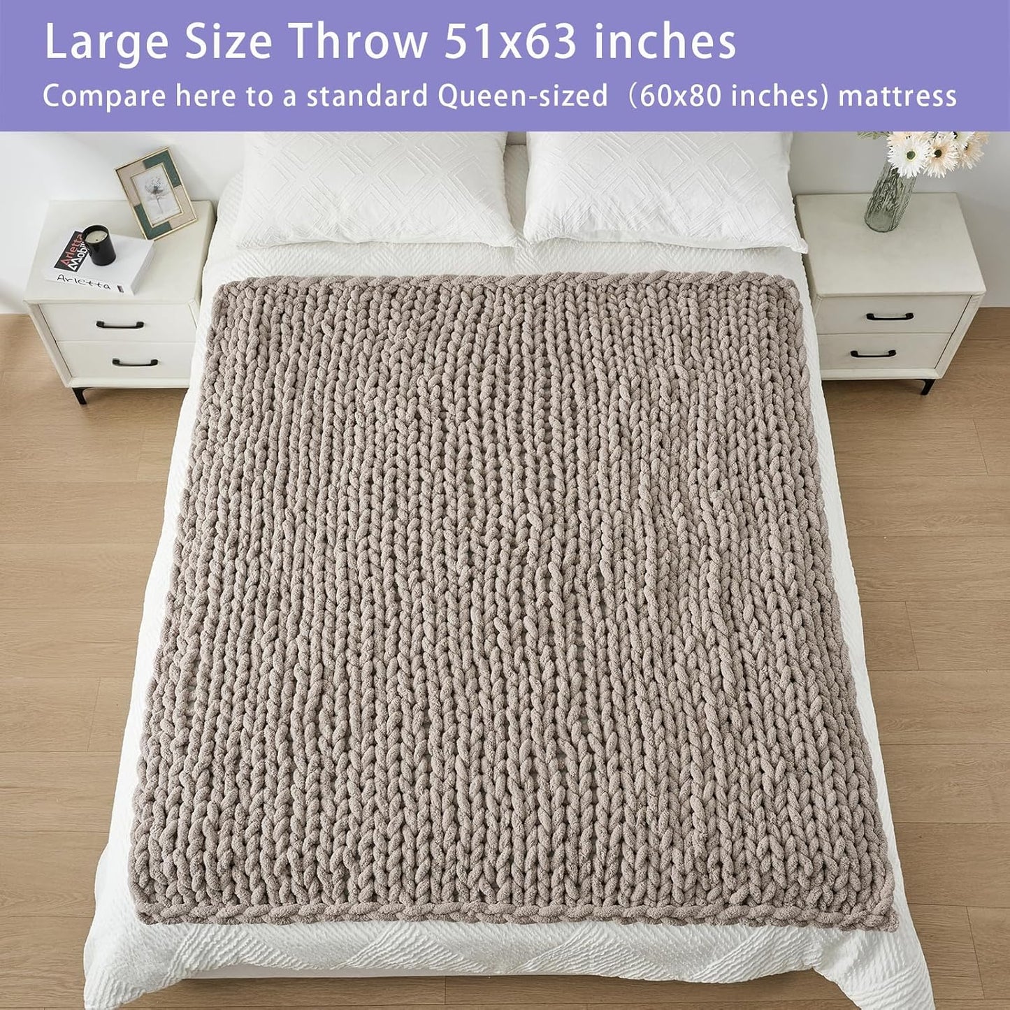 Bigacogo Chunky Knit Throw Blanket for Couch, 51x63 inches, 100% Hand Knitted with Thick Jumbo