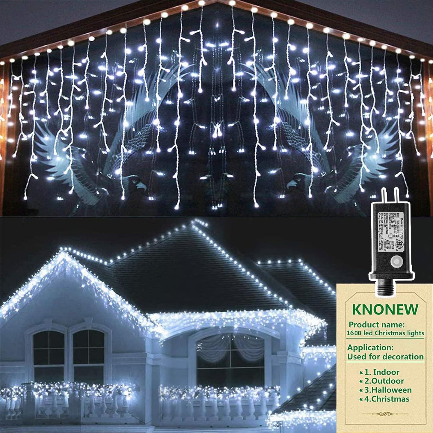 KNONEW 164FT 1600 LED Christmas Lights Outdoor Decoration White Timer 8Modes Hanging Fairy String