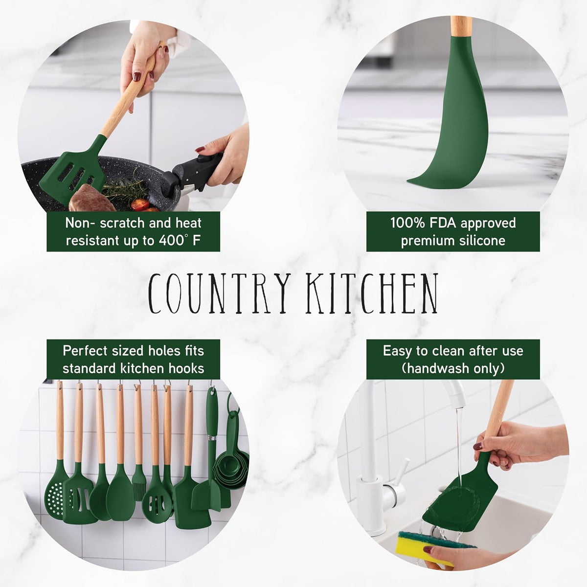 Country Kitchen Non Stick Silicone Utensil Set with Rounded Wood Handles for Cooking and Baking, 38