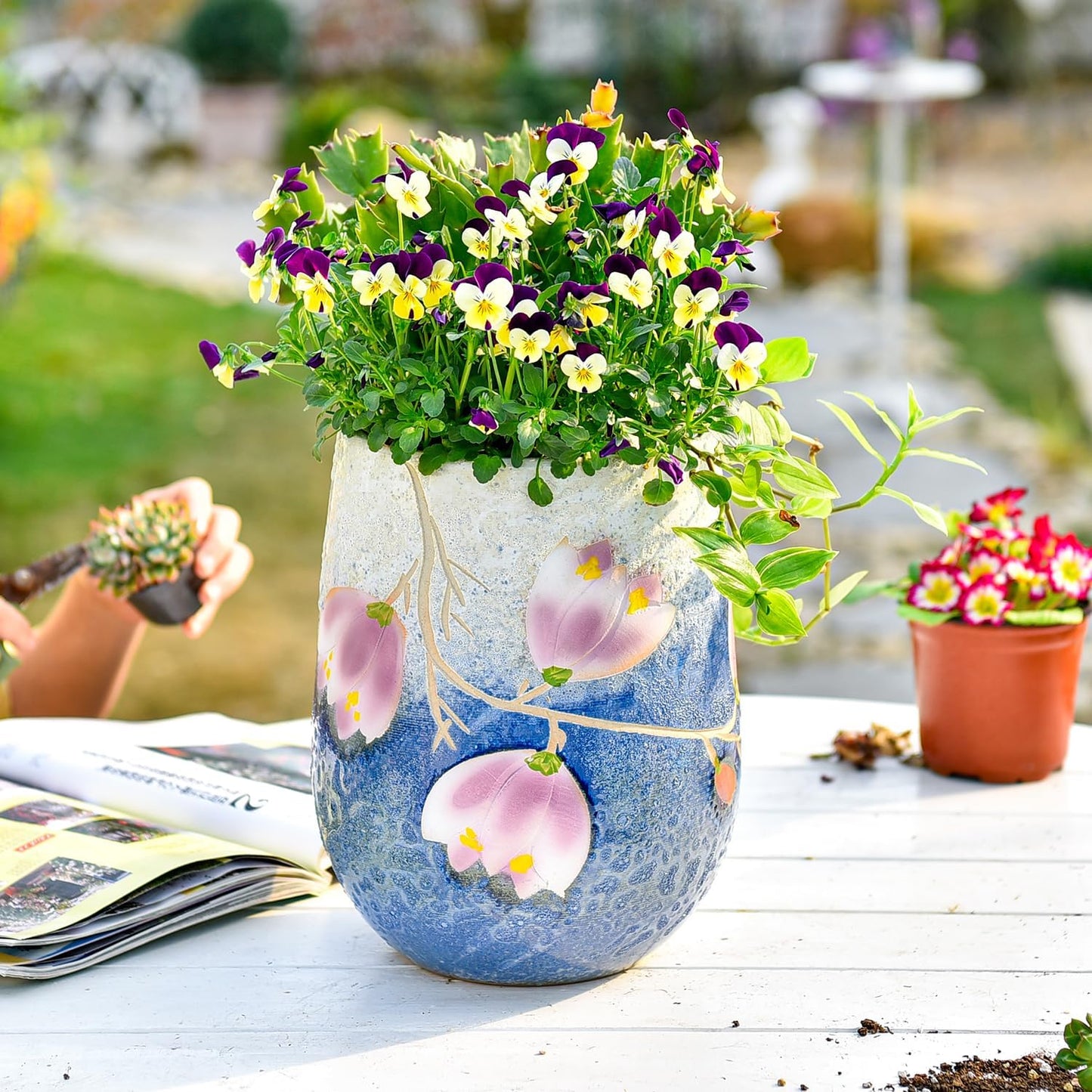 Sungmor 10.6 Inch Ceramic Succulent Plant Pot with Drainage Hole, Hand Painted Flower Pots for