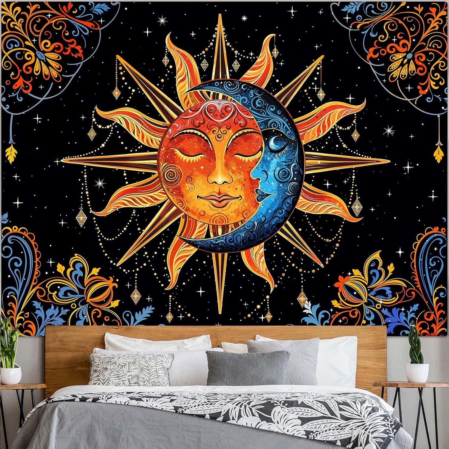 Lunerfex Sun and Moon Tapestry Mandala Wall Tapestry, Cute Tapestries for Bedroom Ceiling