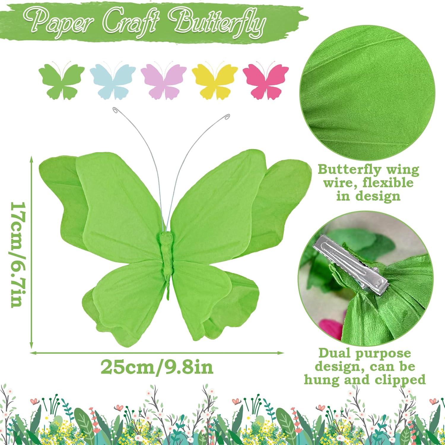 SUNBEAUTY 6Pcs Hanging Butterflies, Large Butterfly Decorations, 3D Paper Decoration, Pink Green