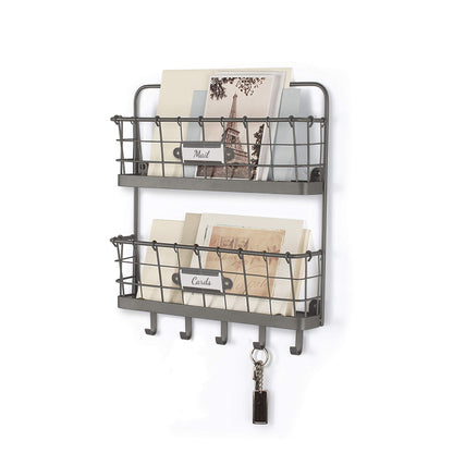 Spectrum Mail and Key Organizer for Wall, Vintage 2-Tier Mail Holder for Wall with 5 Key Hooks