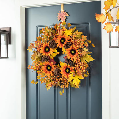 Glitzhome 24'' Fall Wreath for Front Door Decor, Artificial Autumn Orange Wreath with Sunflower