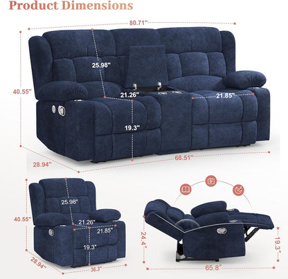 Recliner Sofa Set with 2+1+1 Pieces, Fabric Manual Pull Tab Reclining Loveseat with Storage