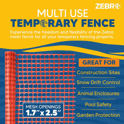 ZEBRO 4' x 50' Orange Plastic Garden Fence Roll – Standard Duty Safety Netting for Snow, Poultry