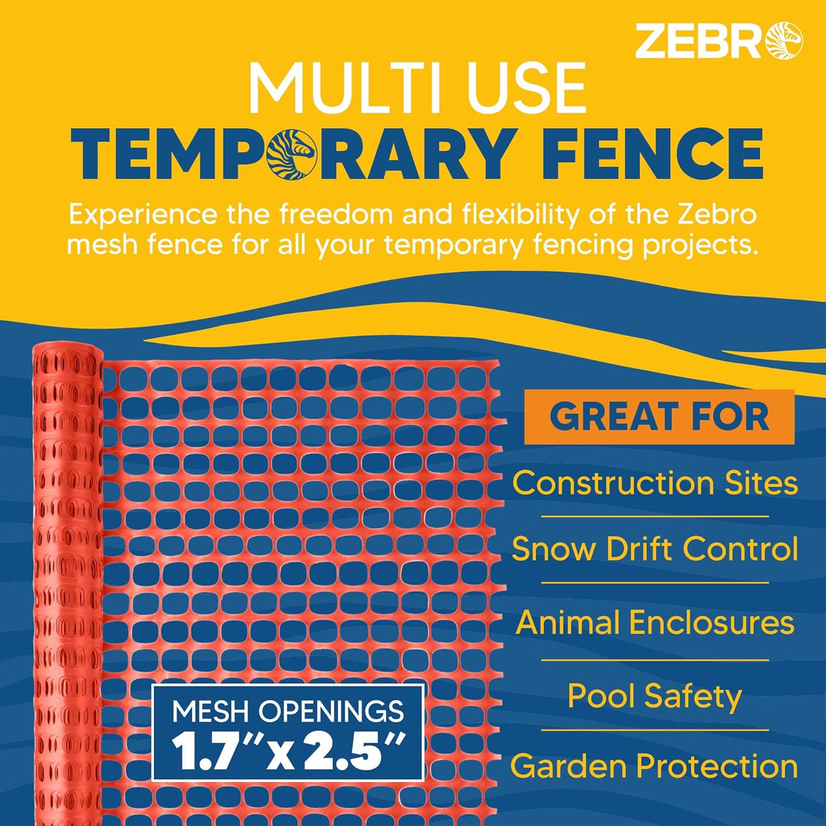 ZEBRO 4' x 100' Orange Plastic Garden Fence Roll – Standard Duty Safety Netting for Snow, Poultry