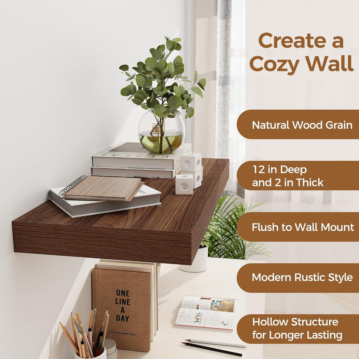 12 Inch Deep Floating Shelves, 24 x 12 Floating Shelf for Books, Rustic Wood Deep Wall Shelves for