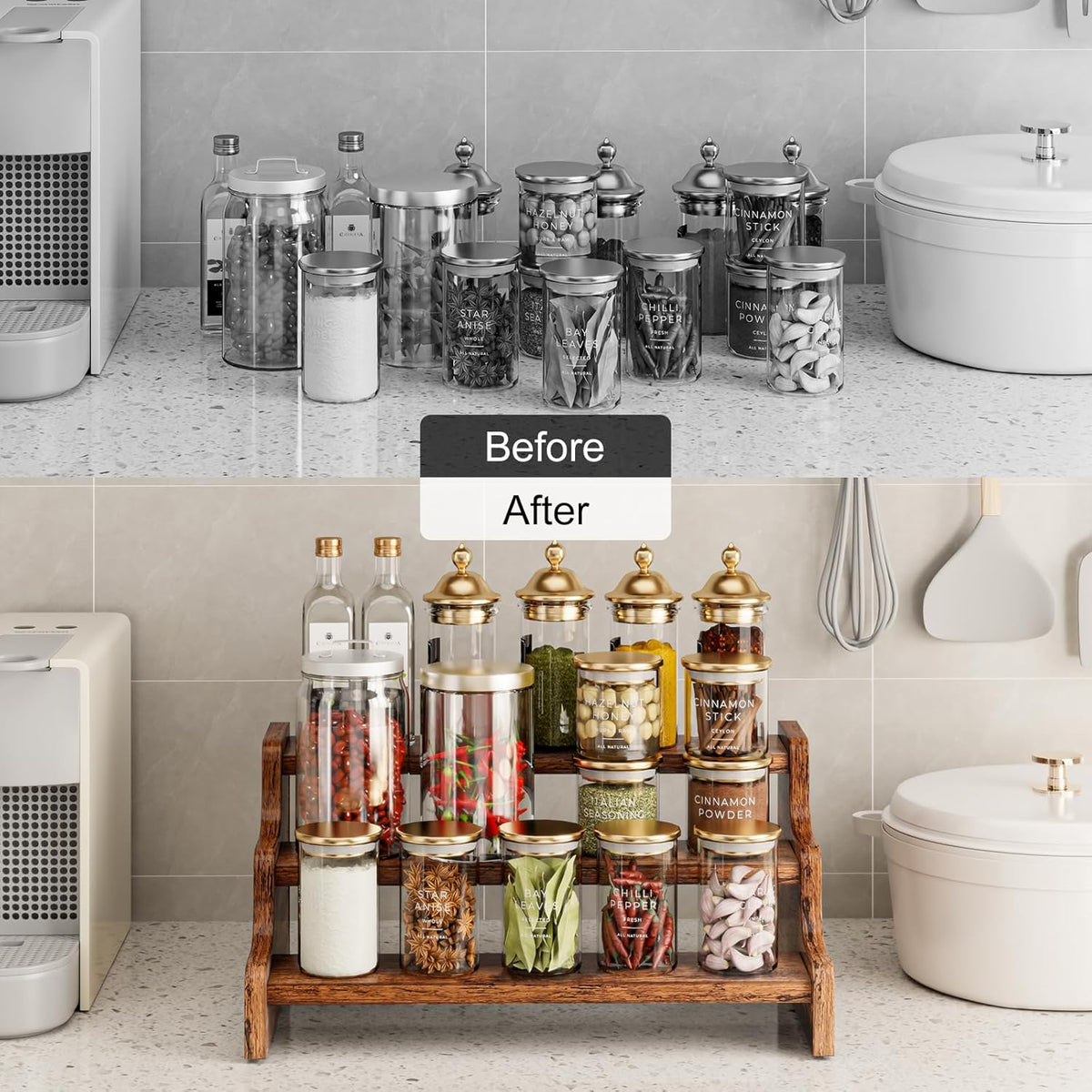 KLM 3-Tier Spice Rack, 13.8 Inch Wood Step Shelf Countertop Spice Storage Holder, Kitchen Pantry
