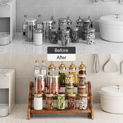 KLM 3-Tier Spice Rack, 13.8 Inch Wood Step Shelf Countertop Spice Storage Holder, Kitchen Pantry